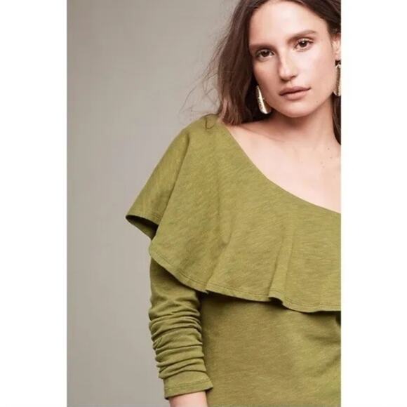 Anthropologie Postmark Off the Shoulder Ruffle Long Sleeve Green Top Boho Chic S - Picture 3 of 16